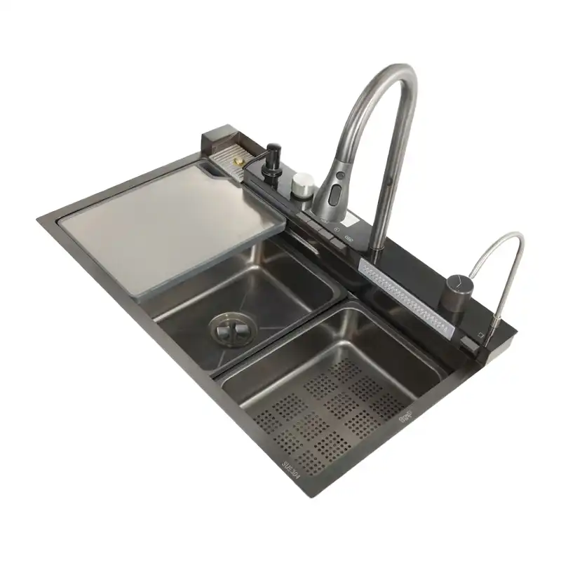 سینک 5 کلید پنوماتیک آبشار دیجیتال SPP+ مدل 4007 استیل 304 نانو مشکی ابعاد PVD 75×46 سانتی‌متر