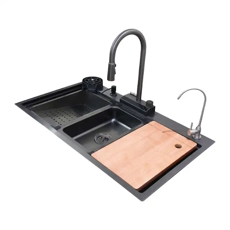 سینک 2 کلید پنوماتیک آبشار دیجیتال SPP+ مدل 4008 استیل 304 نانو مشکی ابعاد PVD 90×52 سانتی‌متر
