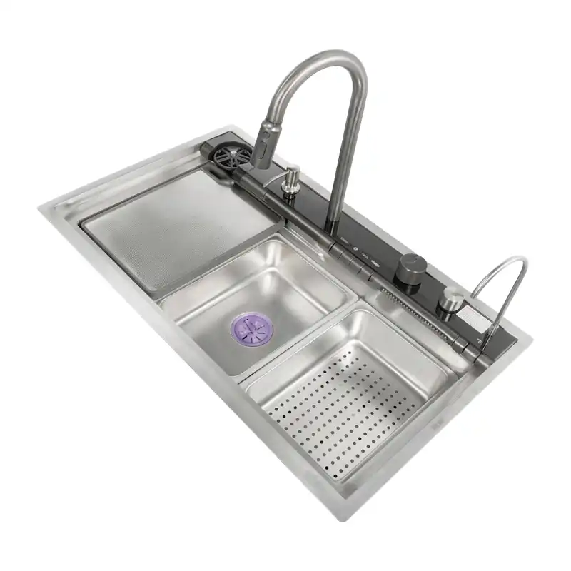 سینک V کلید پنوماتیک آبشار دیجیتال SPP+ مدل 4011 استیل 304 نانو مشکی ابعاد PVD 85×52 سانتی‌متر